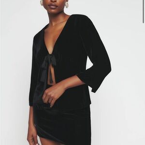 Reformation Elegant Black Velvet Tie-Front Top and Skirt Set